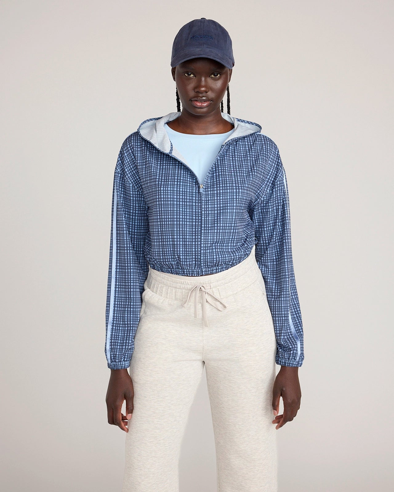 The Active Cropped Hooded Jacket - Blue Plaid