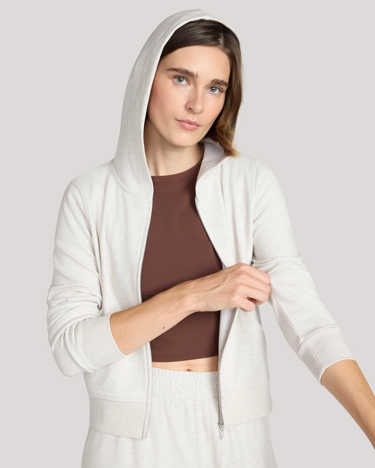 For general description, go to 'Main Product Description' region - The Soft Luxe Cozy Rib Full-Zip Hoodie - Heather Beige