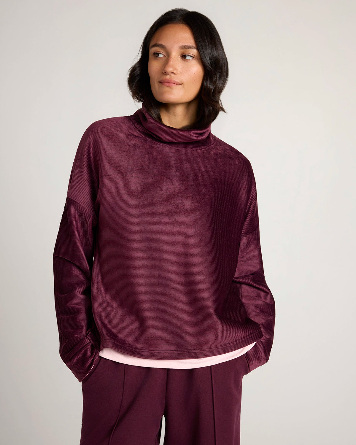 The Soft Luxe Velour Rib Mock Neck Top - Fig Purple