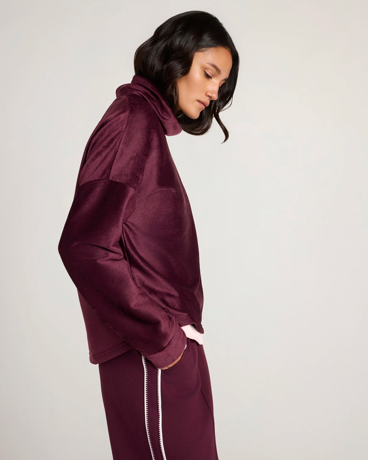 For general description, go to 'Main Product Description' region - The Soft Luxe Velour Rib Mock Neck Top - Fig Purple