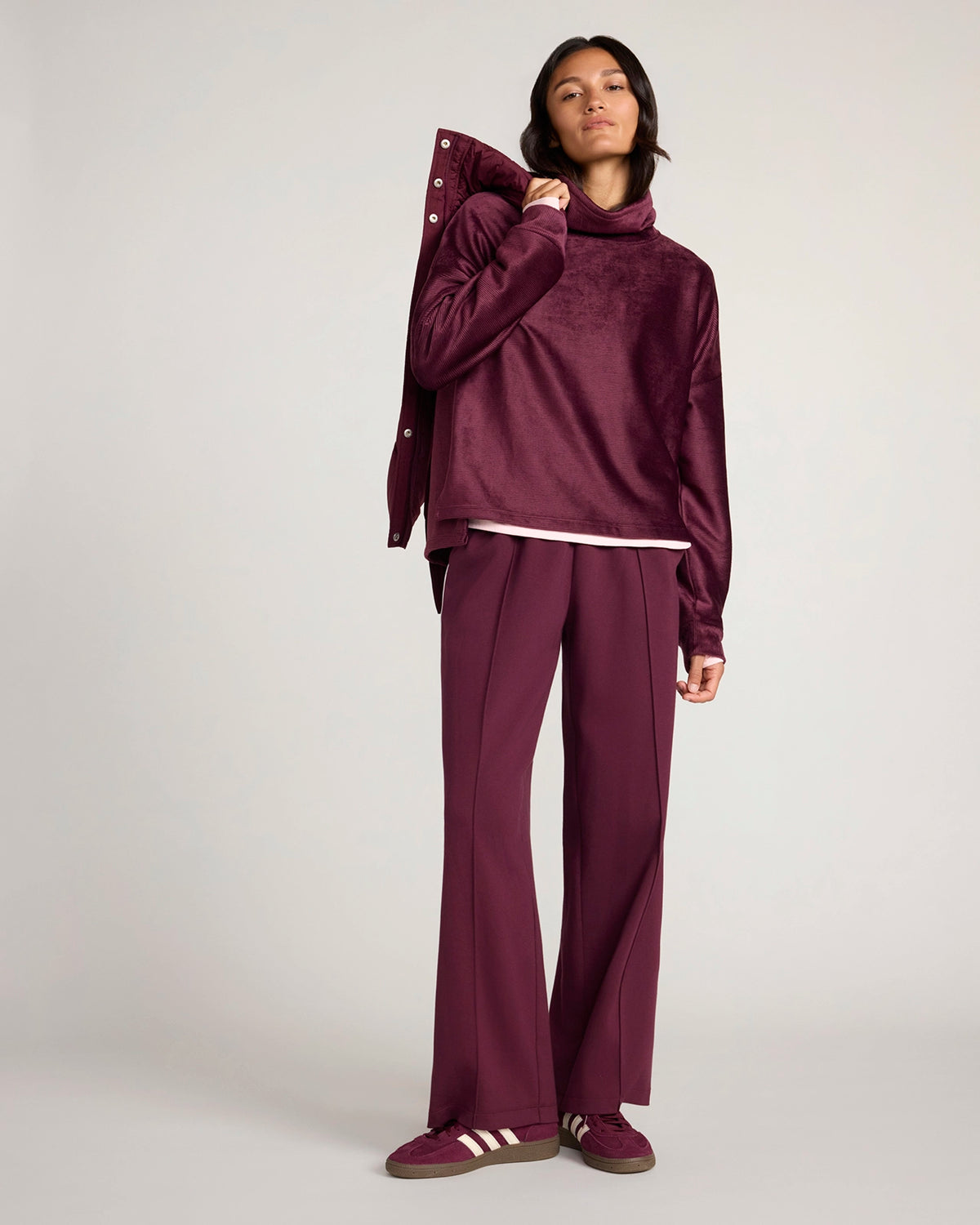 The Soft Luxe Velour Rib Mock Neck Top - Fig Purple