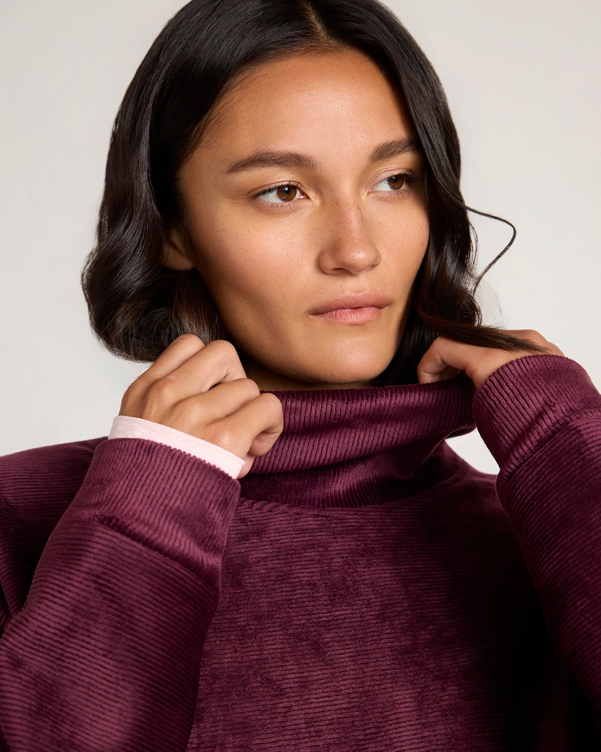 The Soft Luxe Velour Rib Mock Neck Top - Fig Purple