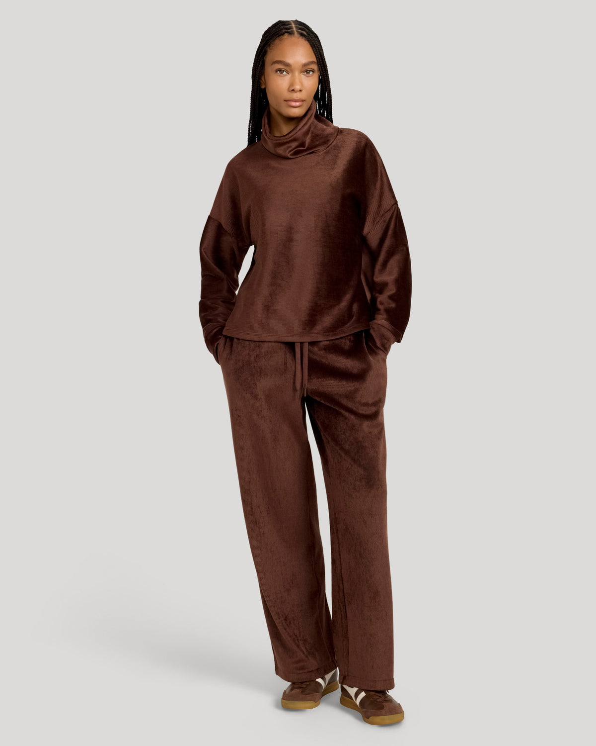 The Soft Luxe Velour Rib Mock Neck Top - Chicory Coffee