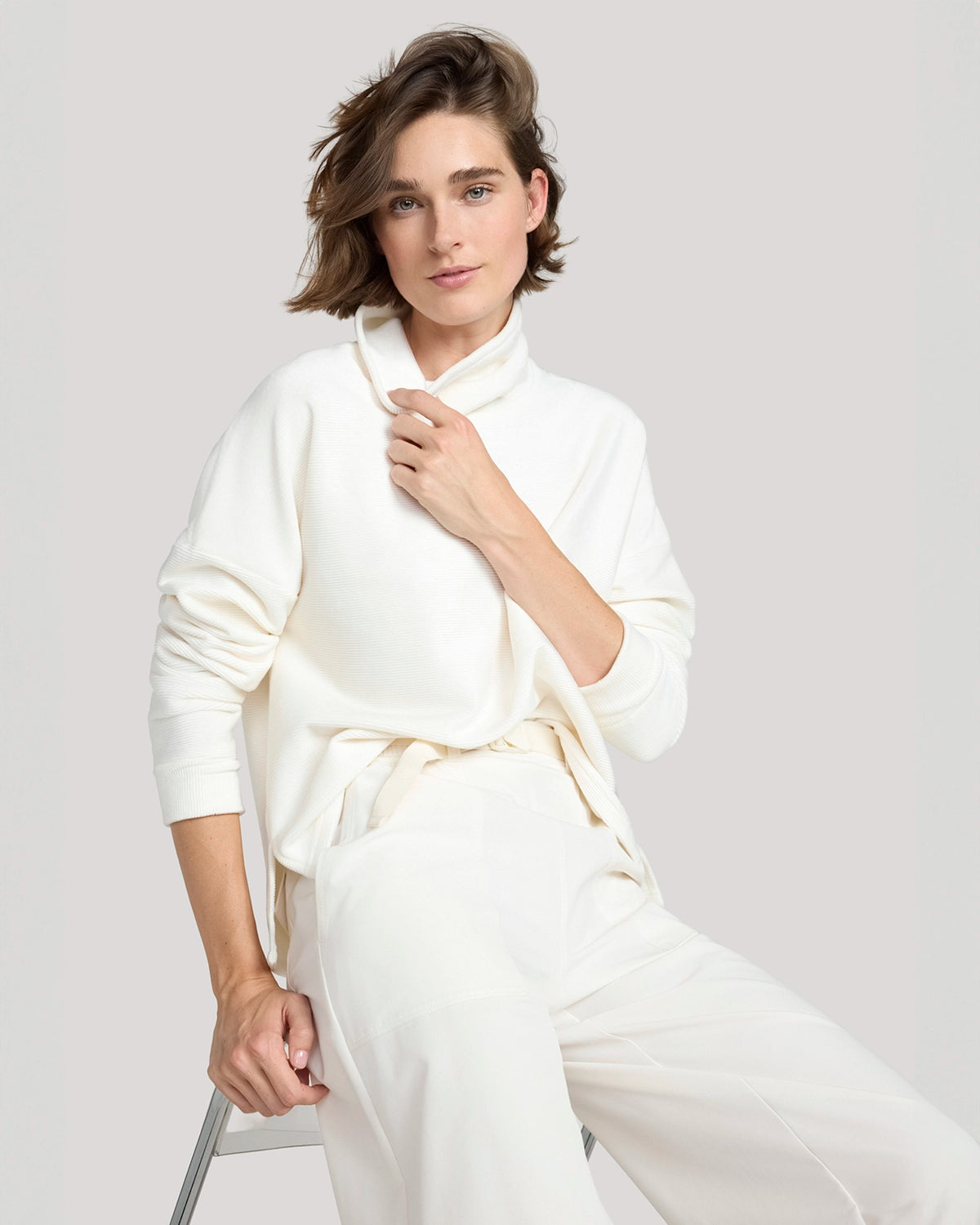 The Soft Luxe Velour Rib Mock Neck Top - Sugar Swizzle Cream
