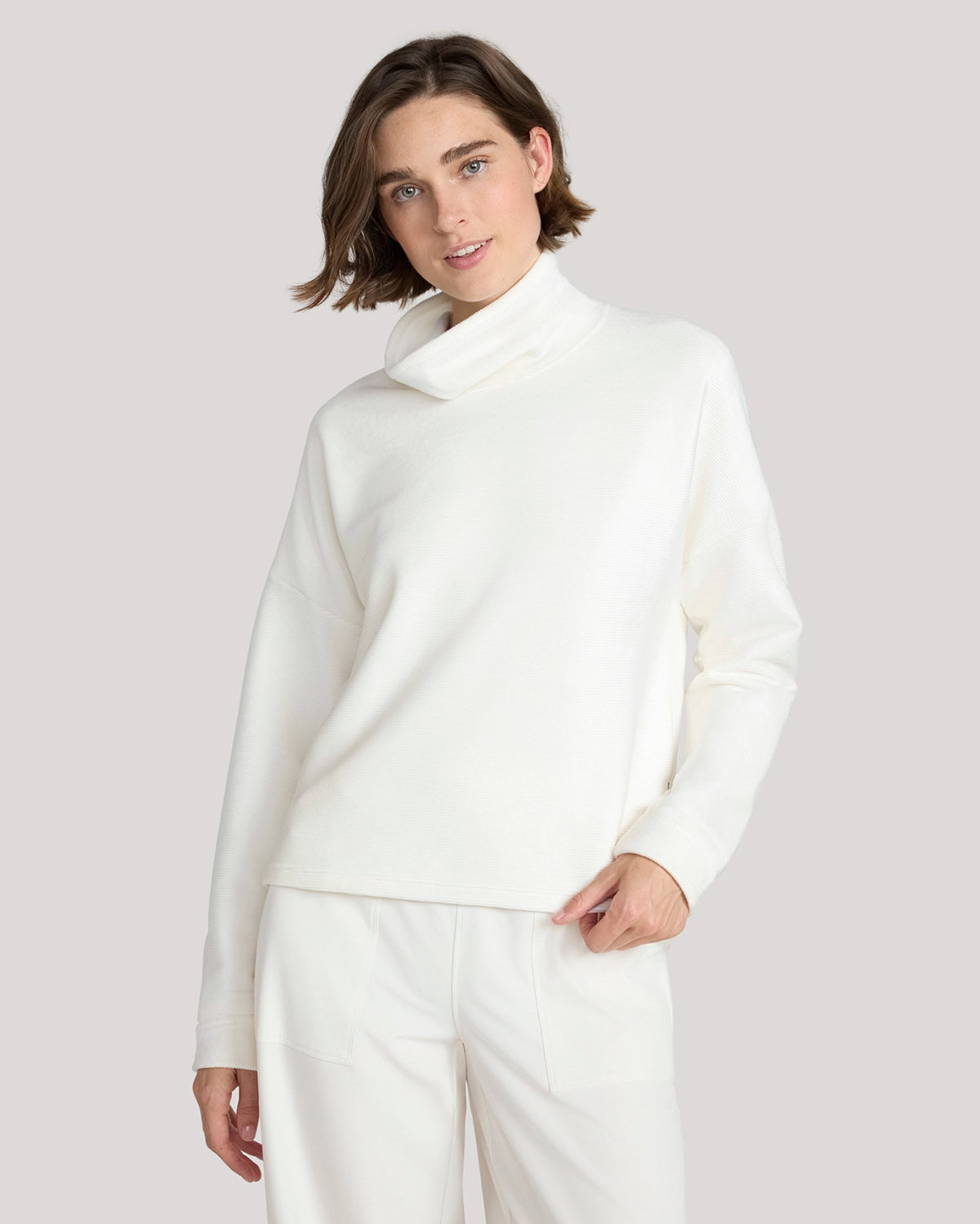 The Soft Luxe Velour Rib Mock Neck Top - Sugar Swizzle Cream