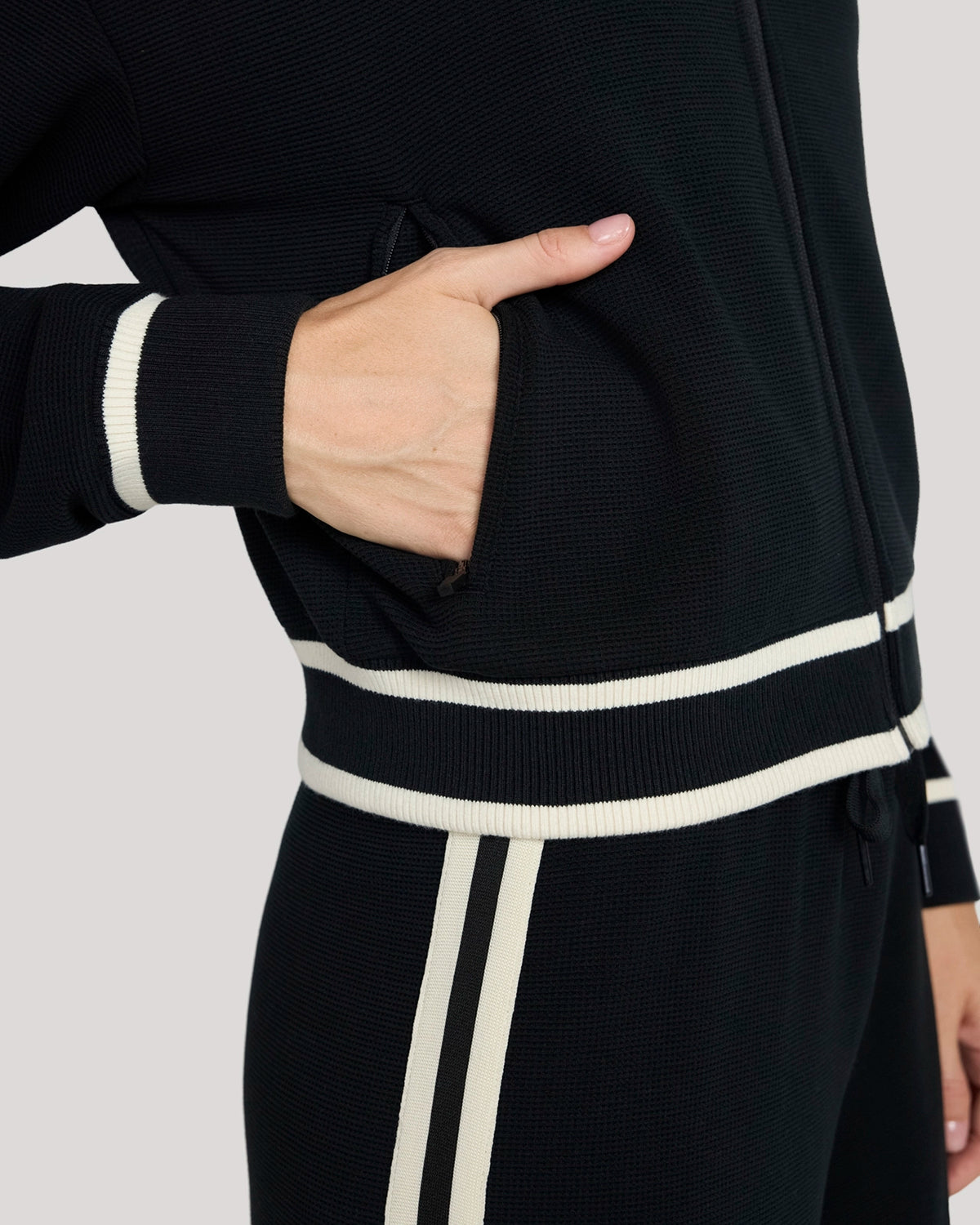 The Luxe Waffle Knit Retro Bomber Jacket - Black