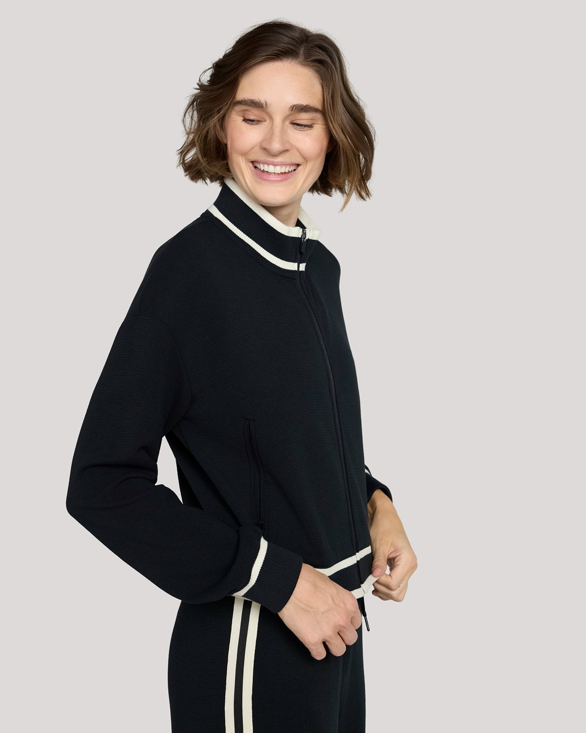 The Luxe Waffle Knit Retro Bomber Jacket - Black