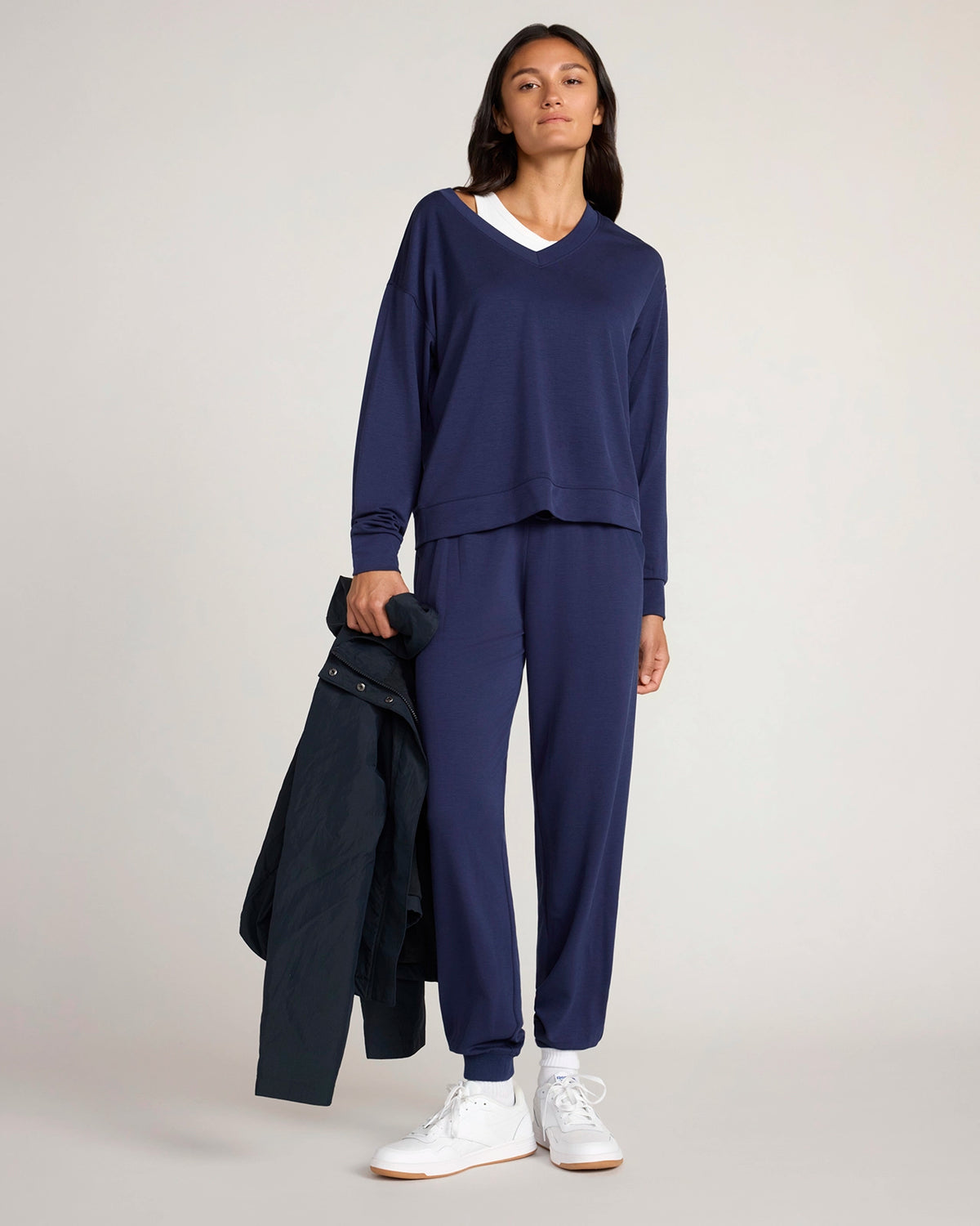 The Soft Luxe Sueded V-Neck Sweatshirt - Peacoat Navy