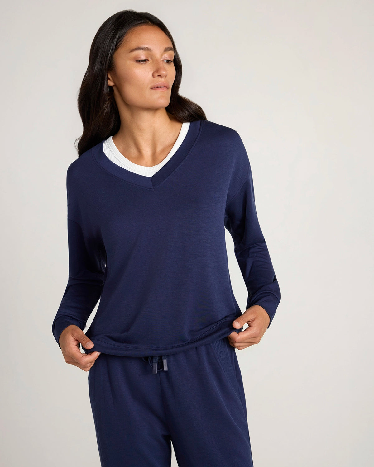 For general description, go to 'Main Product Description' region - The Soft Luxe Sueded V-Neck Sweatshirt - Peacoat Navy