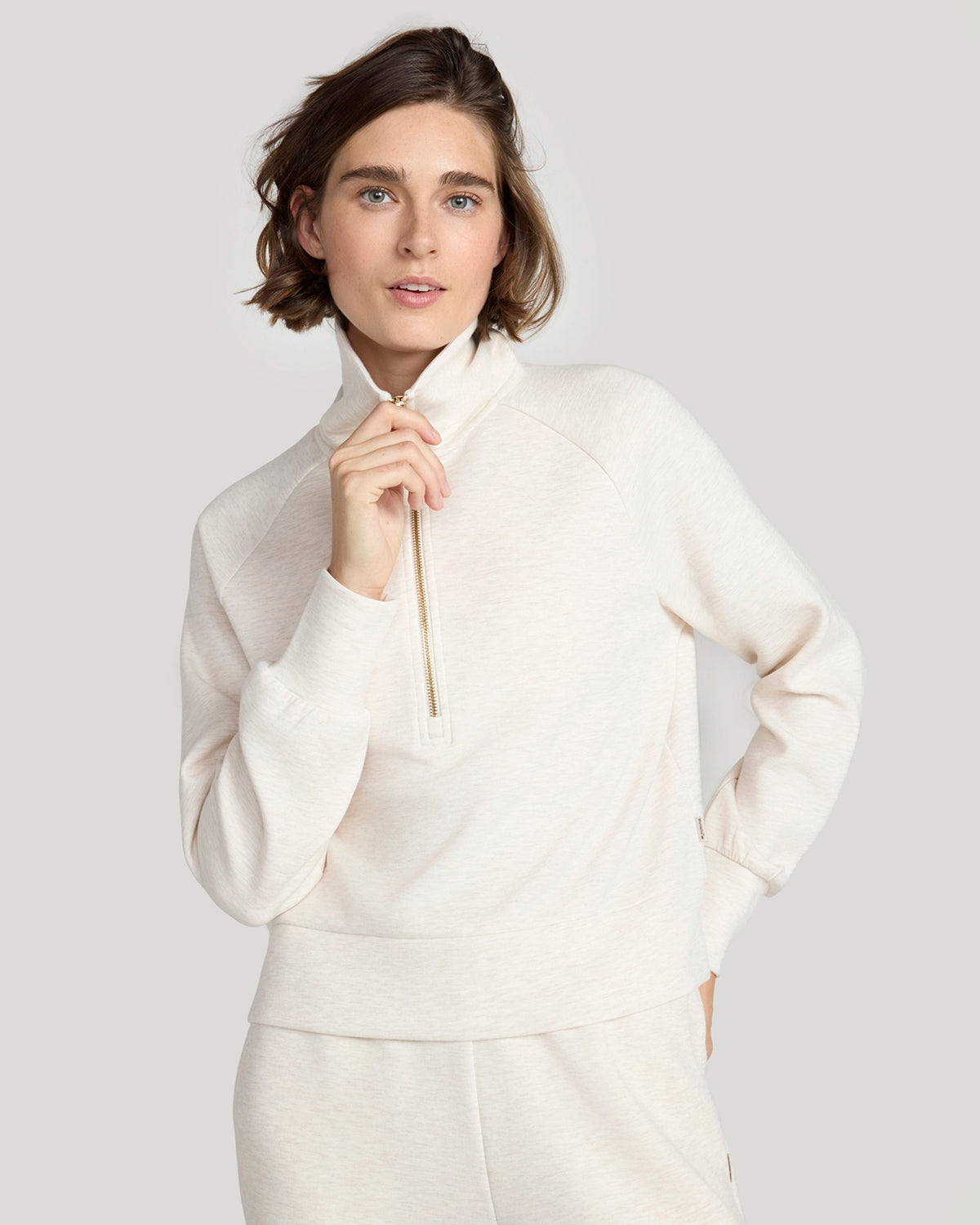 For general description, go to 'Main Product Description' region - The Soft Luxe Brushed Double Knit Half-Zip - Heather Beige