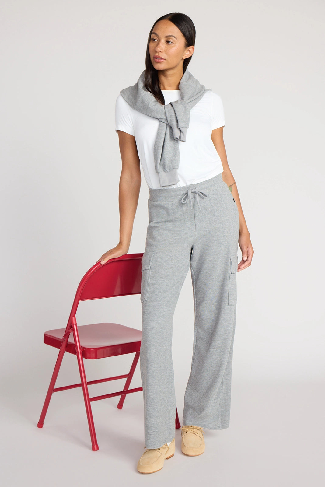 The Soft Luxe Modal + GRS Certified Recycled Poly Waffle Cargo Wide Leg Pant - Htr Grey