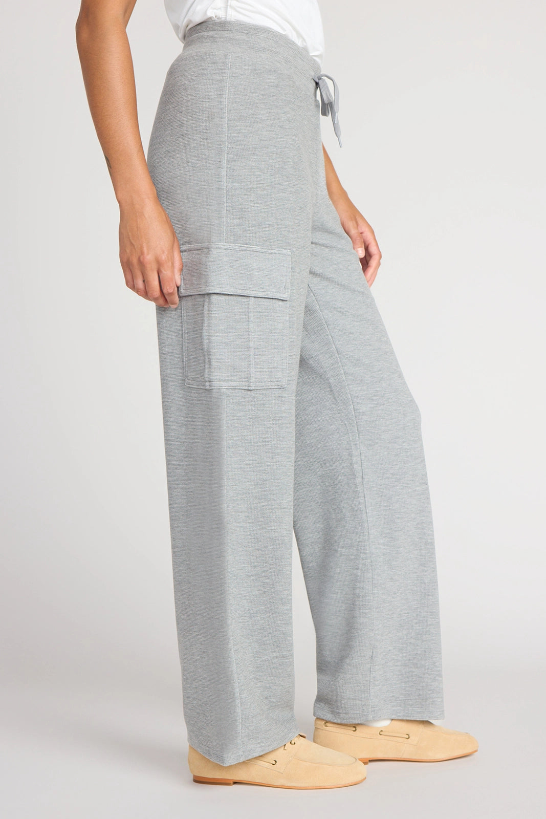 The Soft Luxe Modal + GRS Certified Recycled Poly Waffle Cargo Wide Leg Pant - Htr Grey