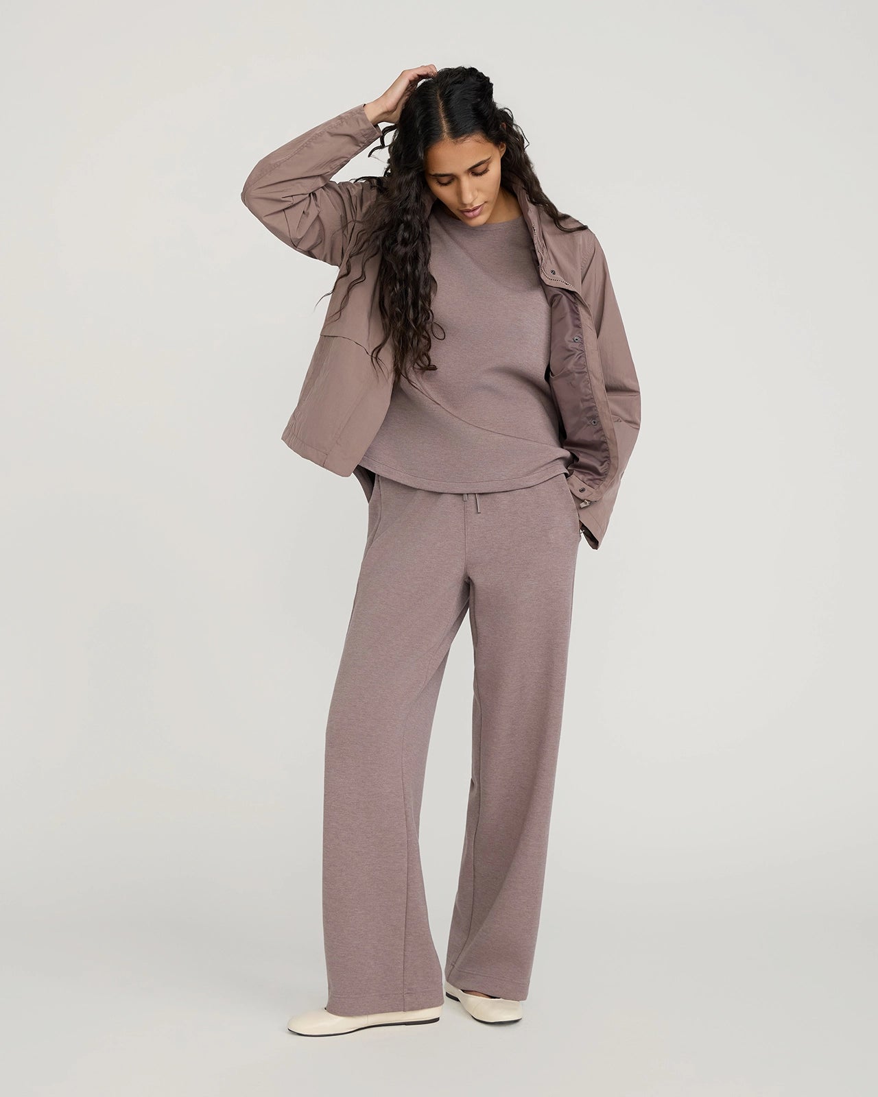 The Soft Luxe Tech Fleece Wide Leg Pant - Deep Taupe Melange