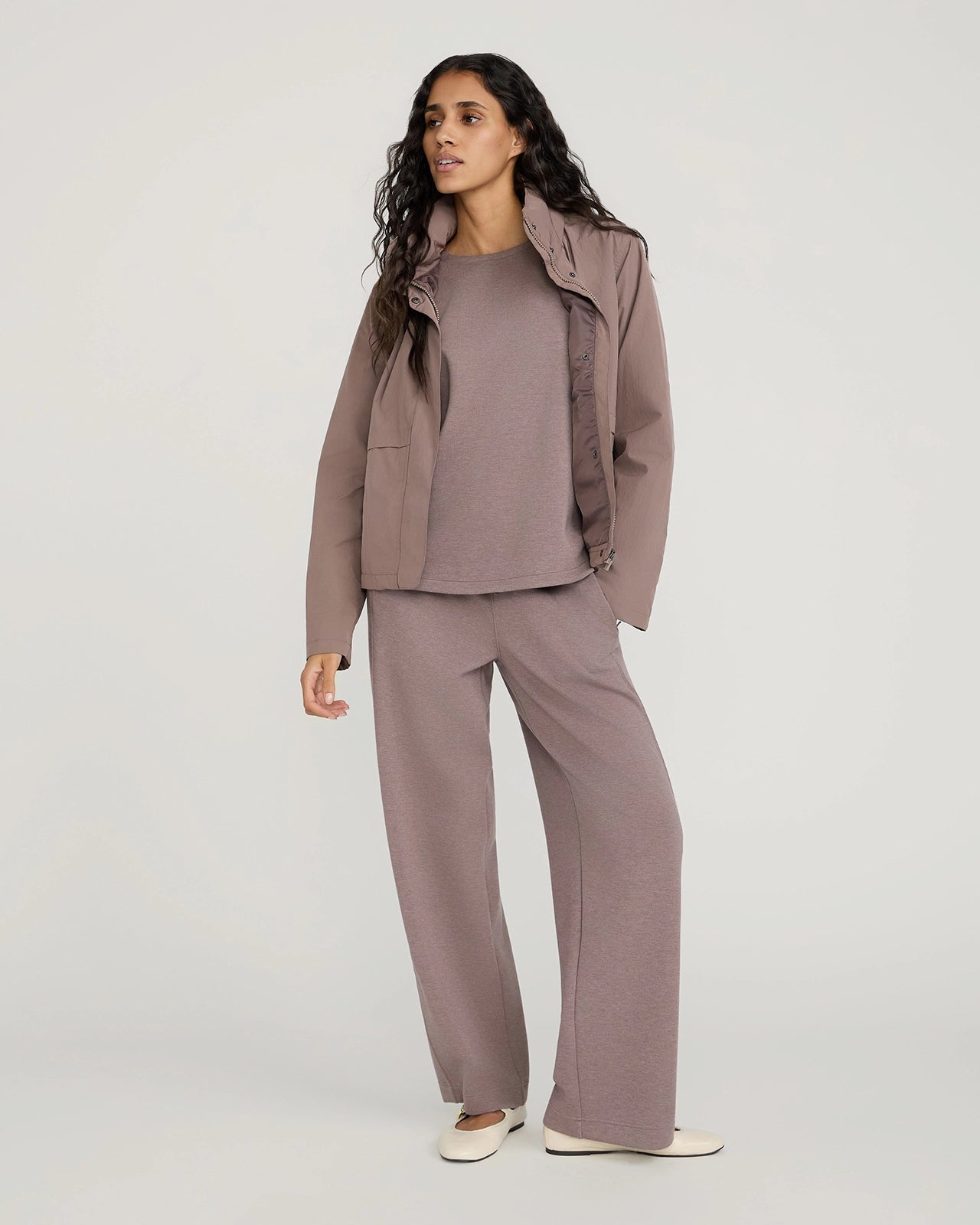 The Soft Luxe Tech Fleece Wide Leg Pant - Deep Taupe Melange