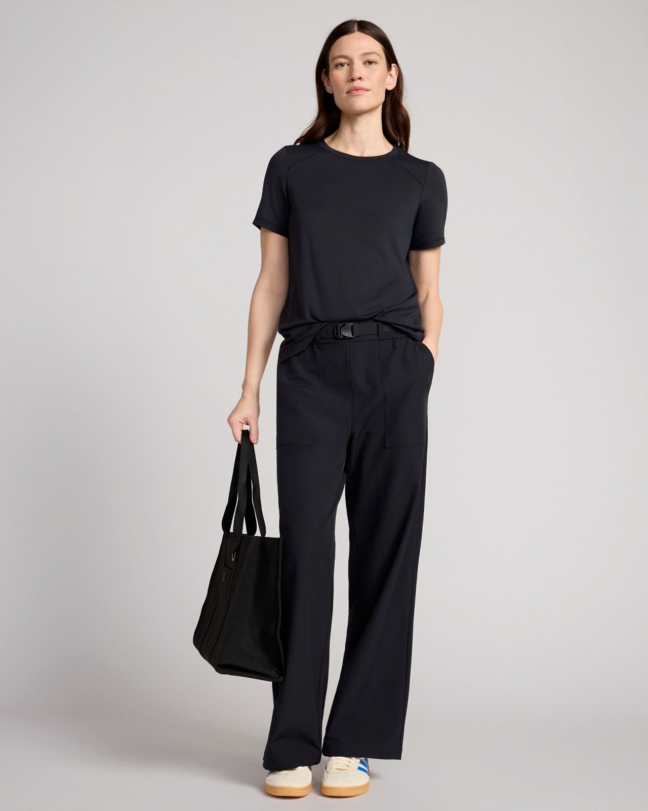 The Travel GRS Certified Recycled Poly Looper Back Wide Leg Utility Pant - Black