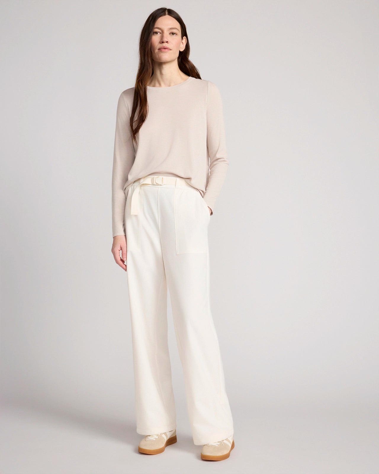 The Travel GRS Certified Recycled Poly Looper Back Wide Leg Utility Pant - Sugar Swizzle Cream
