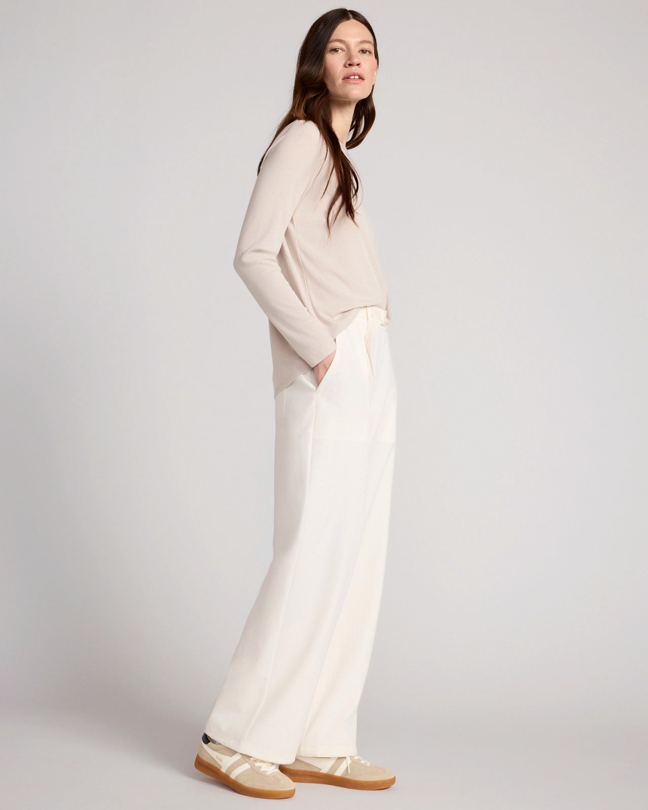 The Travel GRS Certified Recycled Poly Looper Back Wide Leg Utility Pant - Sugar Swizzle Cream