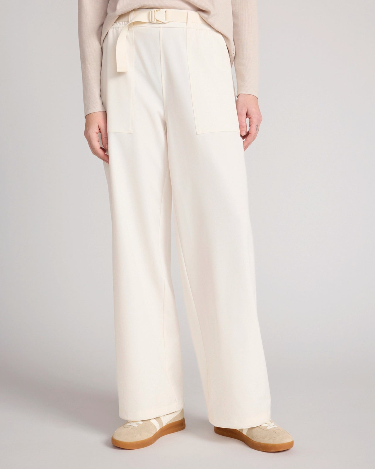 The Travel GRS Certified Recycled Poly Looper Back Wide Leg Utility Pant - Sugar Swizzle Cream