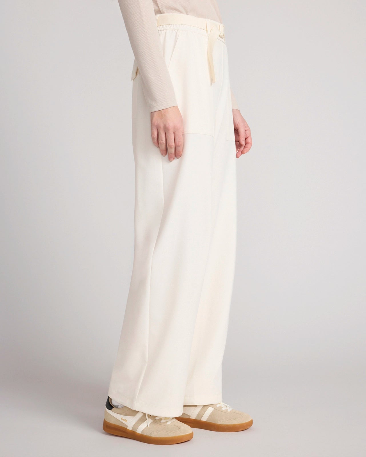 The Travel GRS Certified Recycled Poly Looper Back Wide Leg Utility Pant - Sugar Swizzle Cream