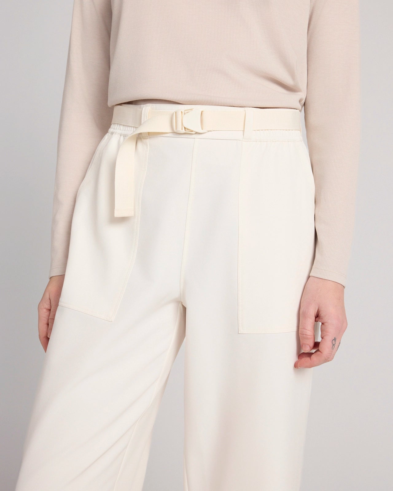 The Travel GRS Certified Recycled Poly Looper Back Wide Leg Utility Pant - Sugar Swizzle Cream