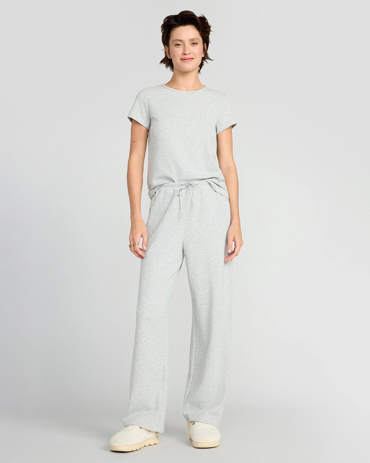 The Organic Cotton Club Waffle Wide-Leg Pant - Light Heather Grey