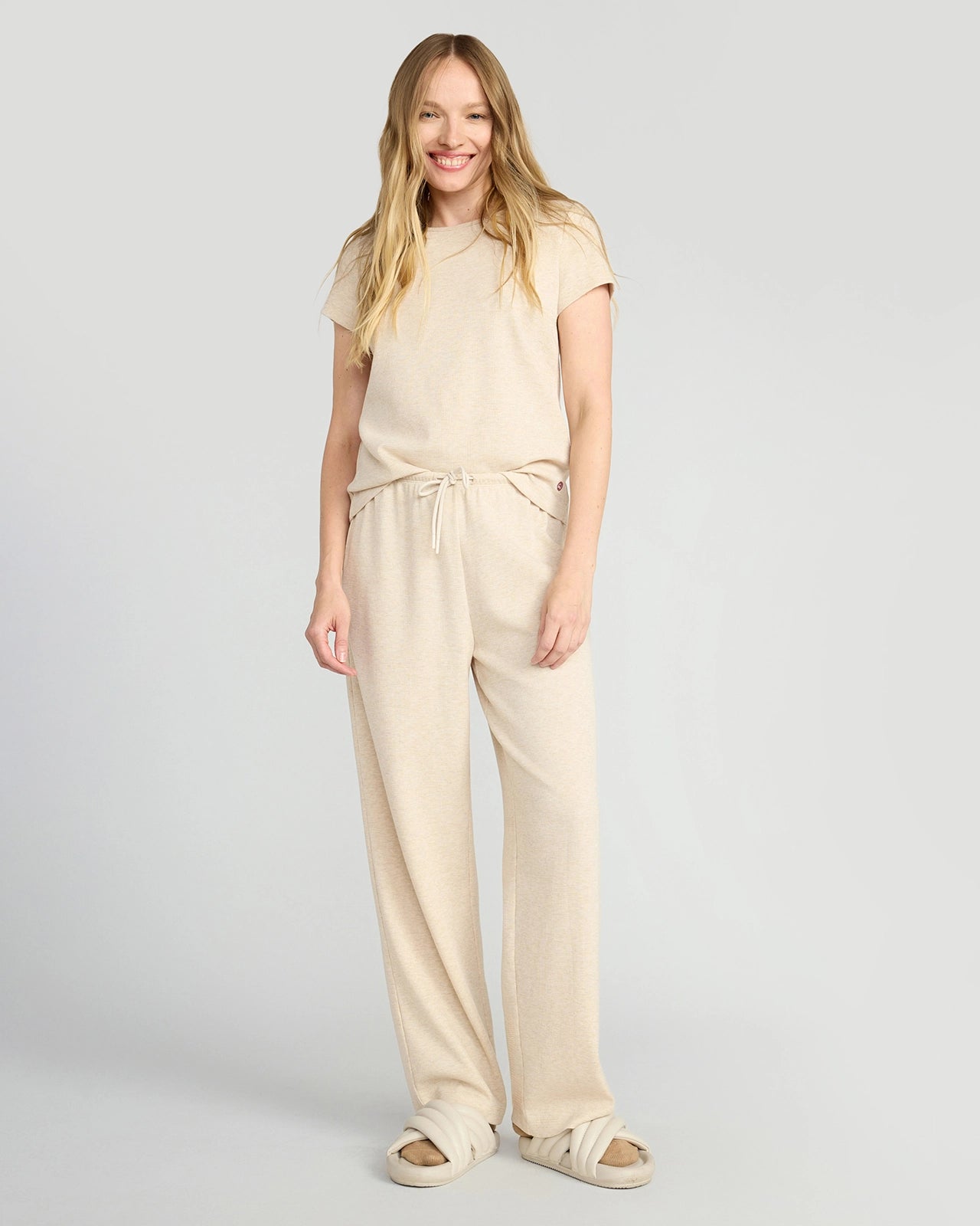 The Organic Cotton Club + GRS Certified Recycled Poly Waffle Wide-Leg Pant - Light Beige Brown