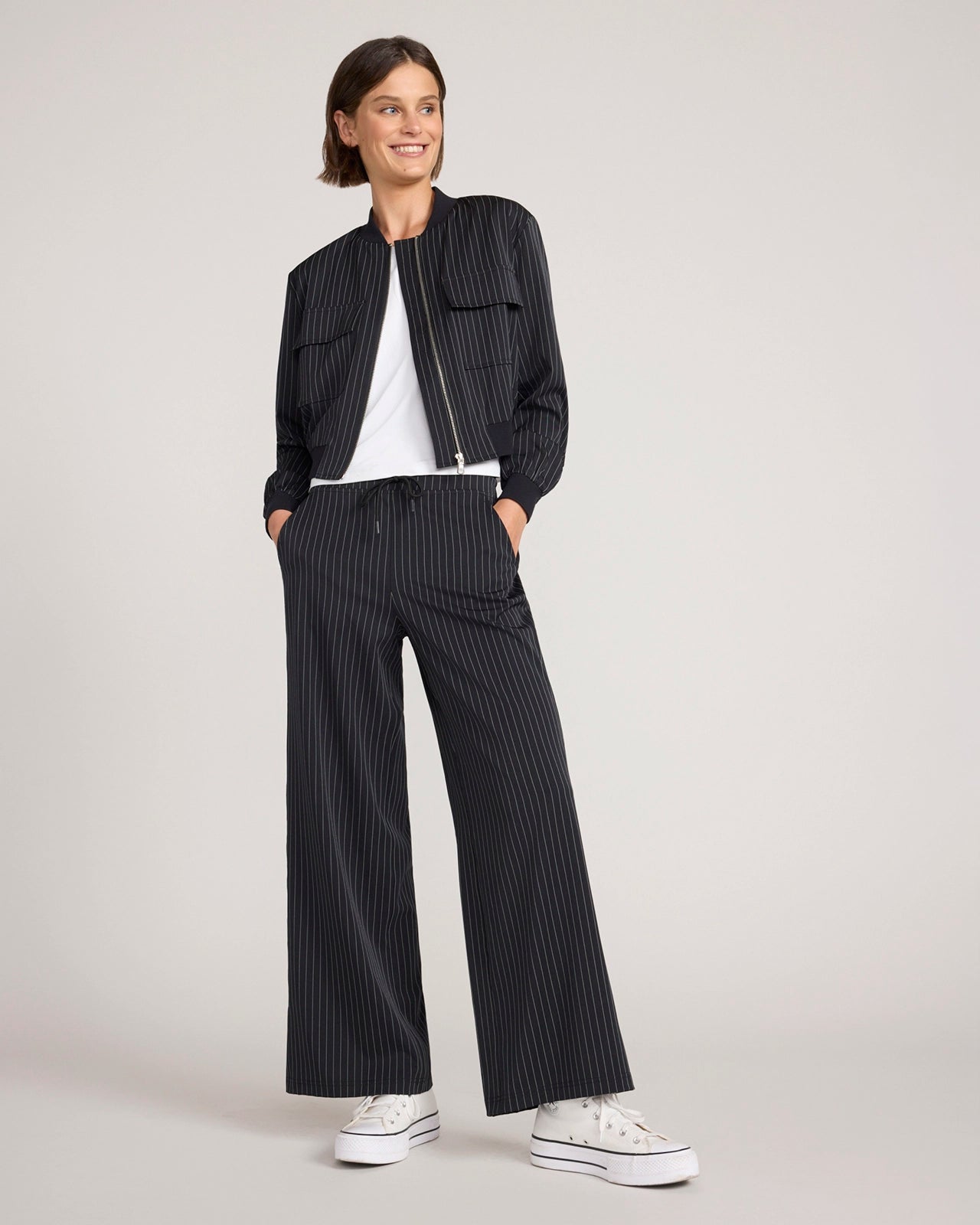 The Soft Stretch Pinstripe Wide Leg Pant - Black Pinstripe