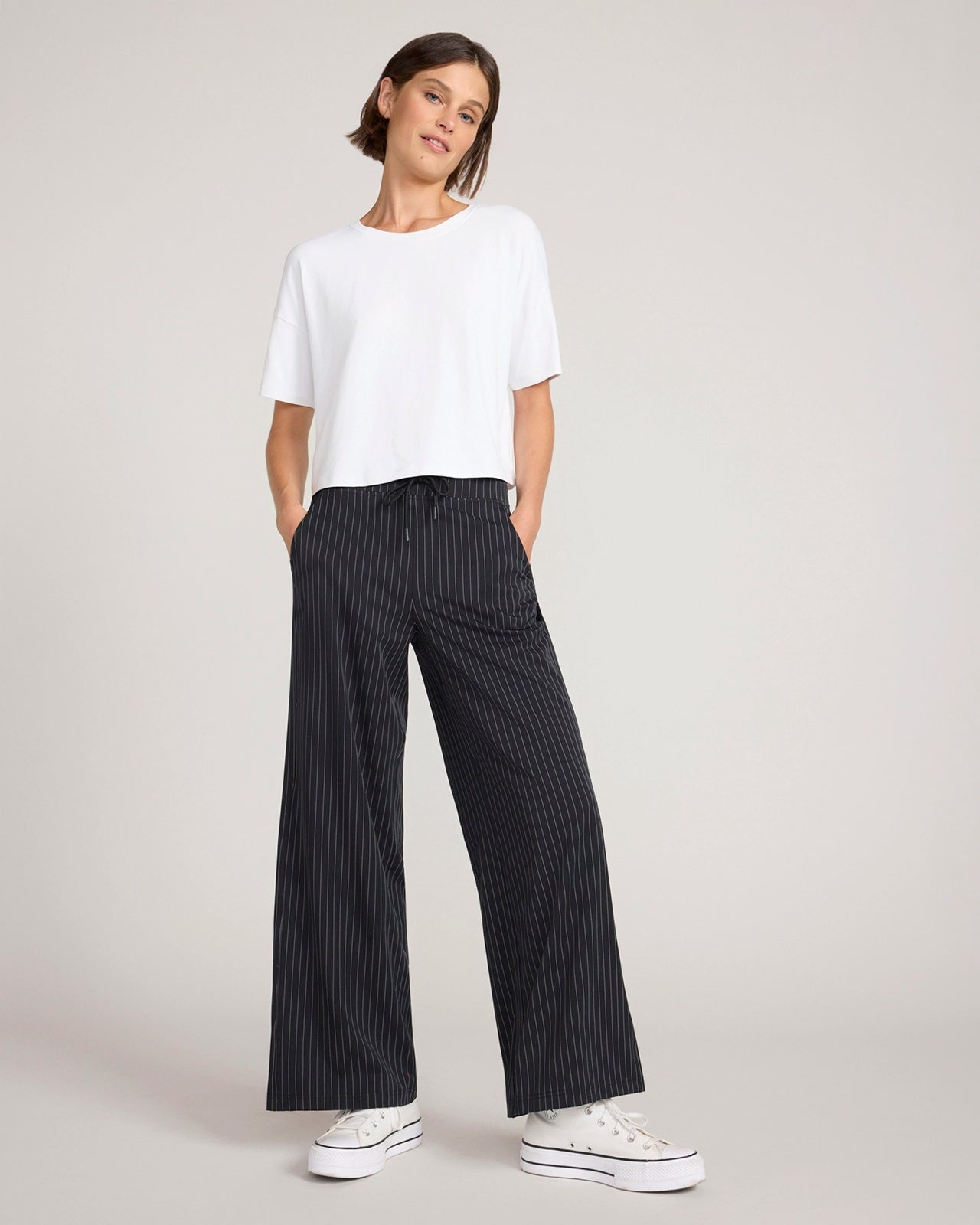 The Soft Stretch Pinstripe Wide Leg Pant - Black Pinstripe
