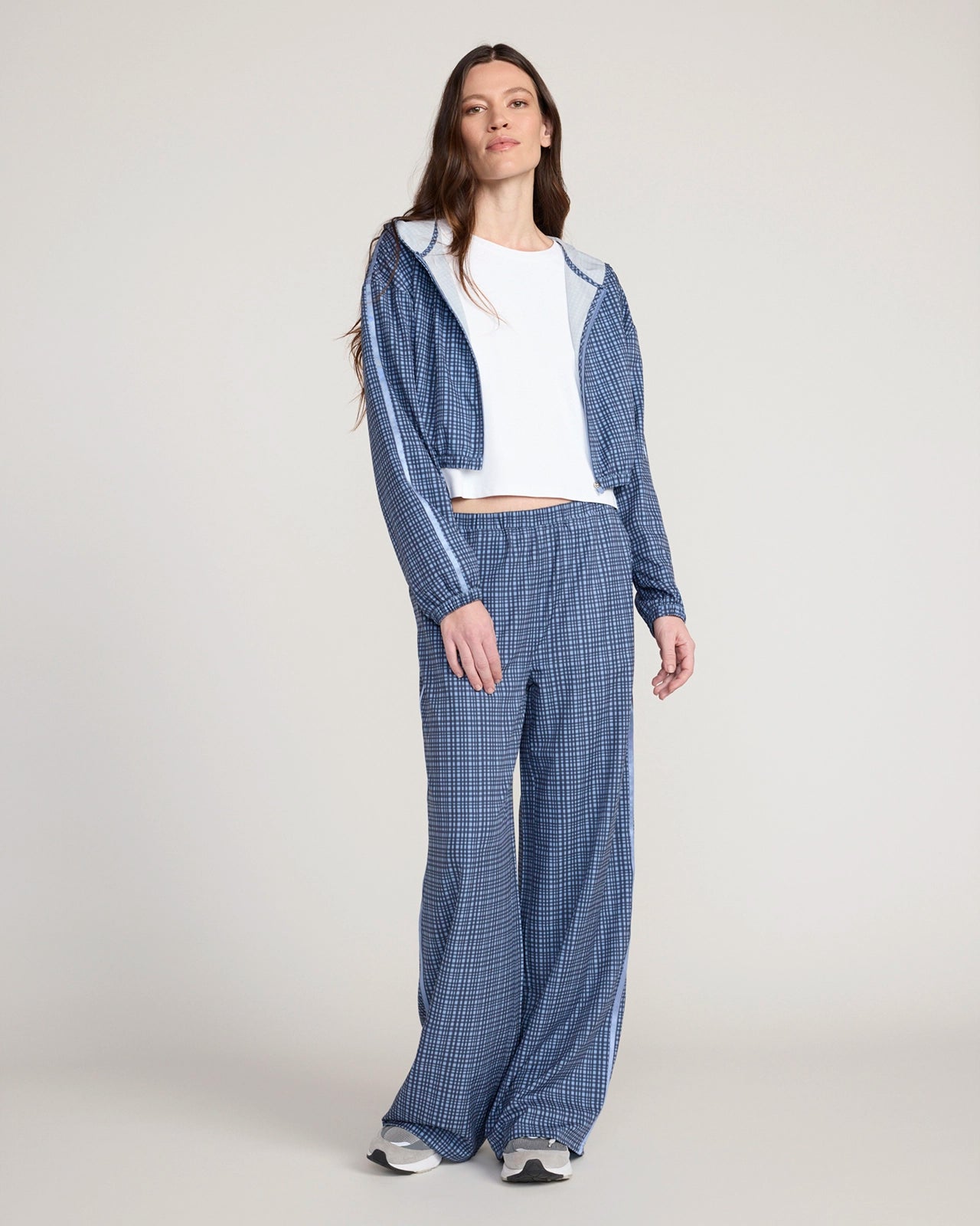 The Soft Stretch Shiny Tape Wide Leg Pant - Blue Plaid