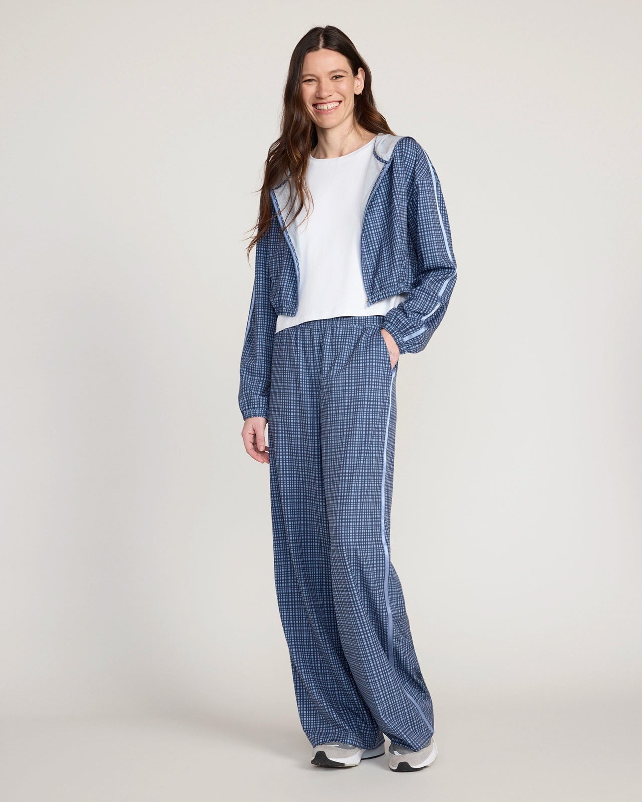 The Soft Stretch Shiny Tape Wide Leg Pant - Blue Plaid