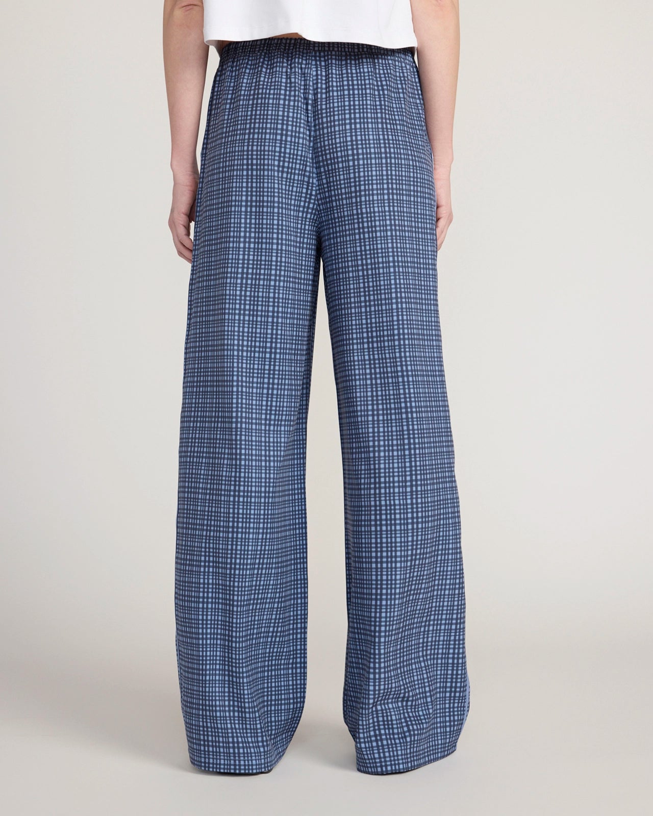 The Soft Stretch Shiny Tape Wide Leg Pant - Blue Plaid