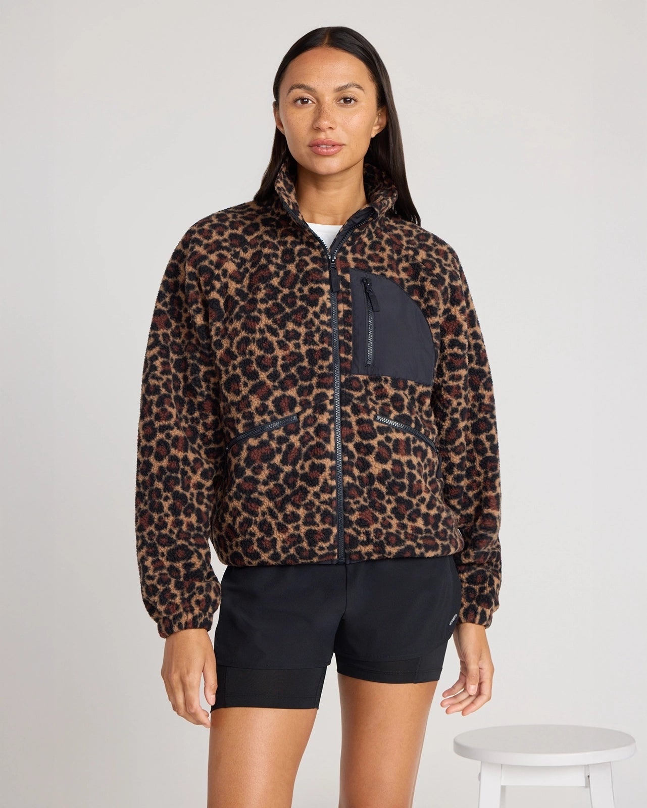 The Berber Soft Luxe GRS Certified Recycled Poly Zip Front Jacket - Leopard Print