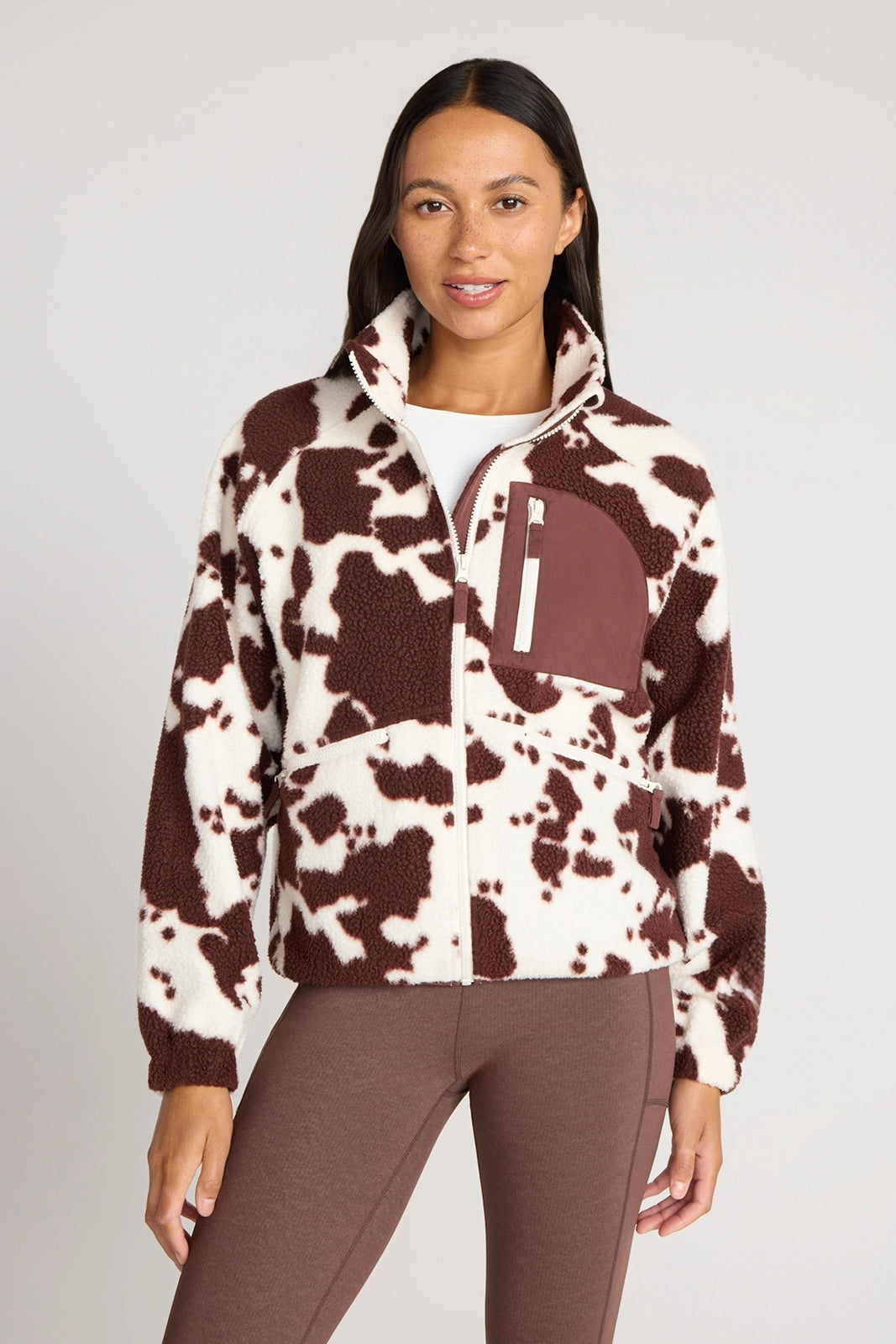 The Berber Soft Luxe GRS Certified Recycled Poly Zip Front Jacket - Cow Print