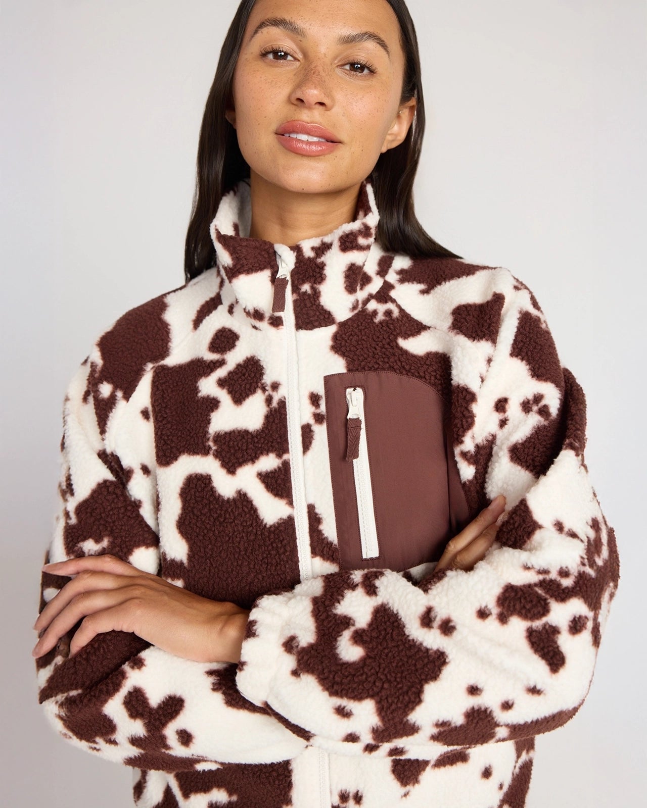 The Berber Soft Luxe GRS Certified Recycled Poly Zip Front Jacket - Cow Print