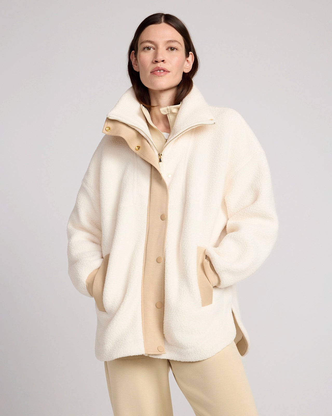 The Berber Soft Luxe GRS Certified Recycled Poly Mixed Media Jacket - Sugar Swizzle Cream/Nomad