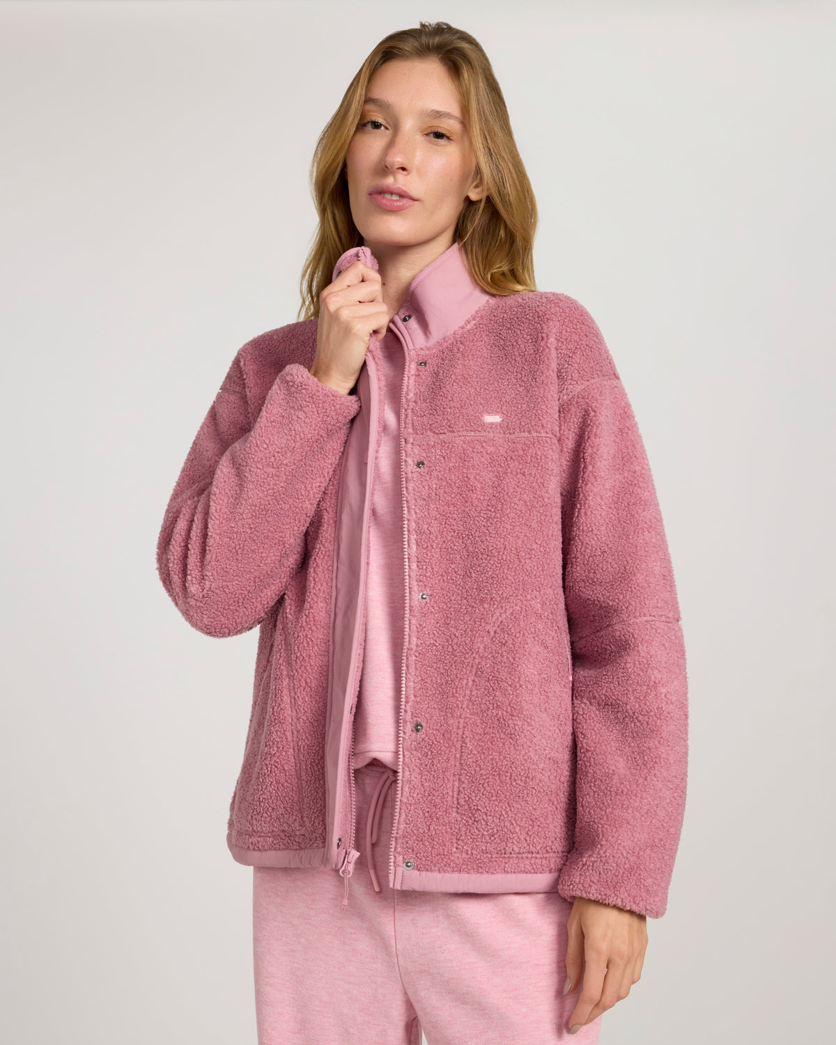 For general description, go to 'Main Product Description' region - The Soft Luxe Snap Front Sherpa Jacket - Lilas Pink