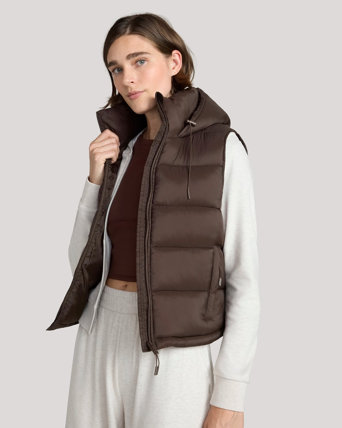 For general description, go to 'Main Product Description' region - The Travel Quilted Hooded Vest - Chocolate Torte