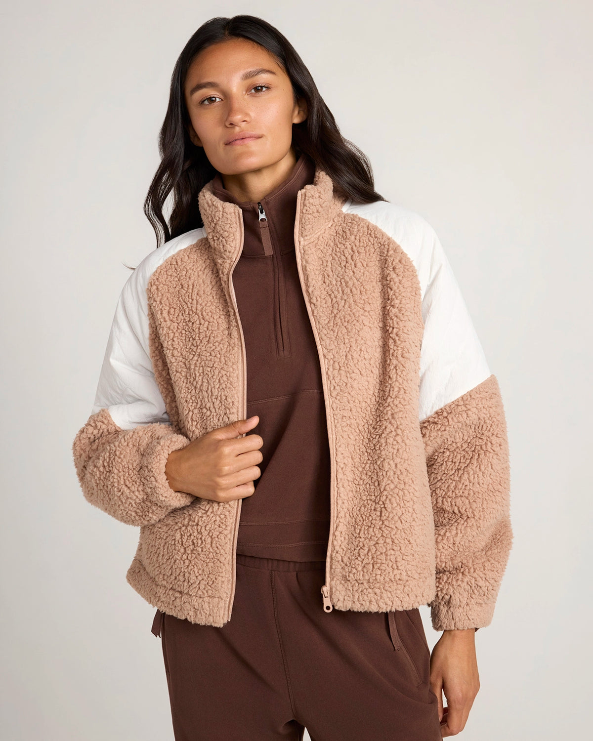For general description, go to 'Main Product Description' region - The Soft Luxe Berber Jacket - Warm Taupe