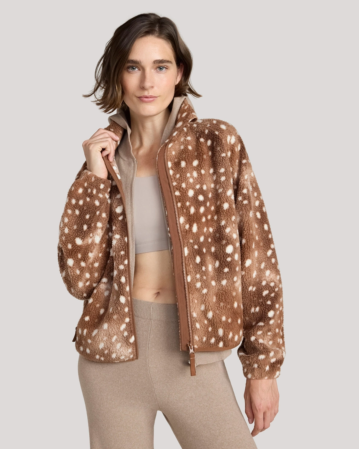 The Soft Luxe Printed Berber Full Zip Jacket - Fawn Print