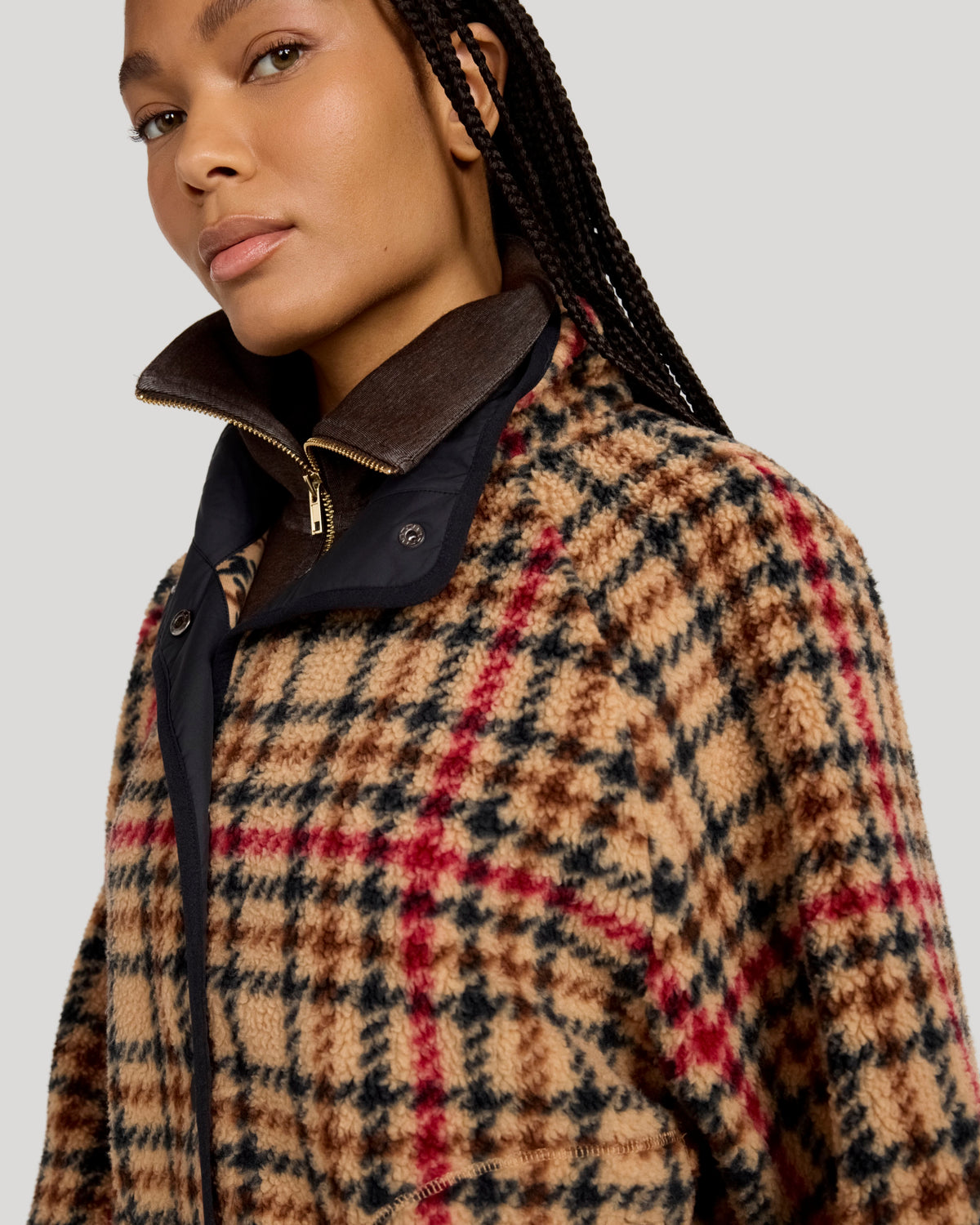 The Soft Luxe Printed Berber Snap Front Jacket - Brown Plaid Print