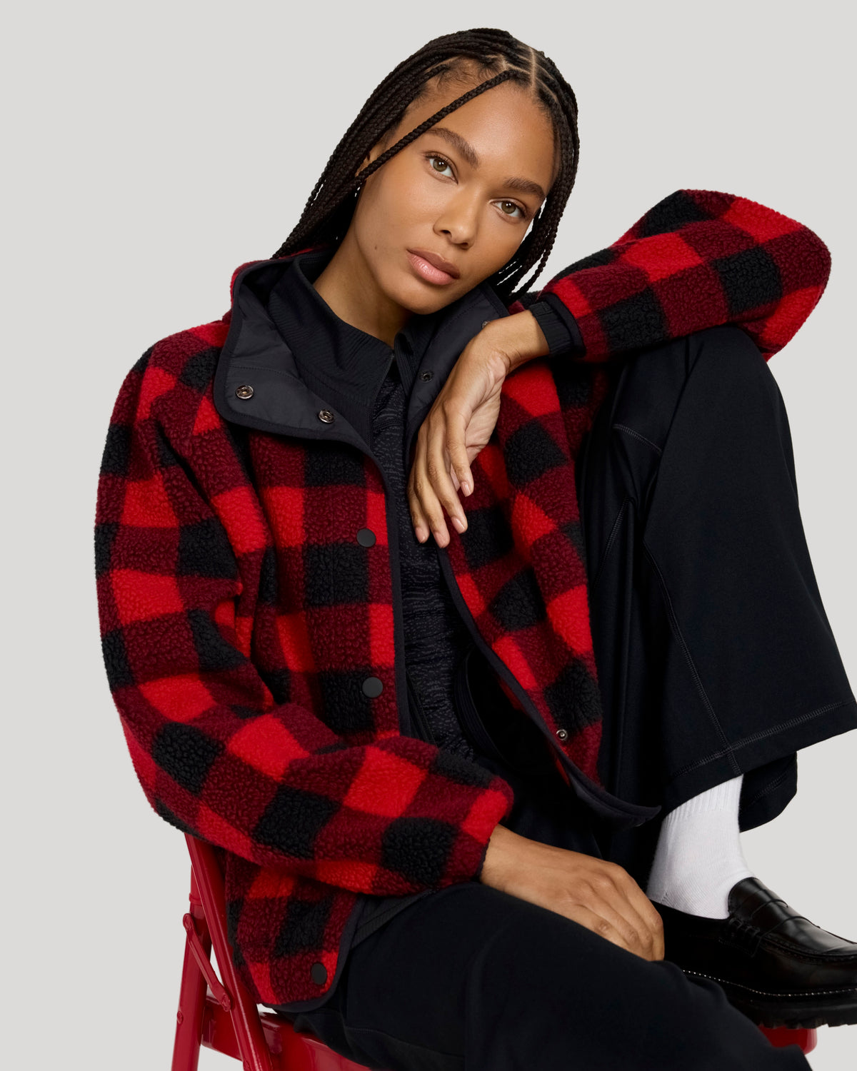 The Soft Luxe Printed Berber Snap Front Jacket - Buffalo Check Print