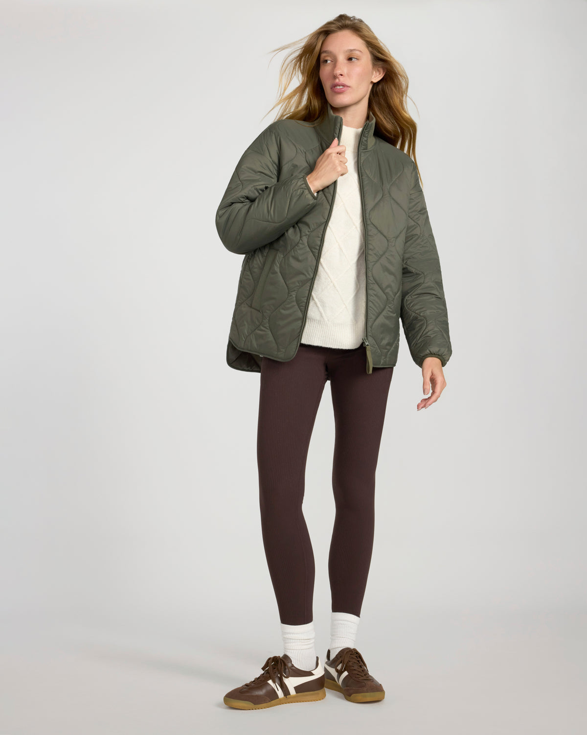 For general description, go to 'Main Product Description' region - The Travel Quilted Bomber Jacket - Tea Leaf