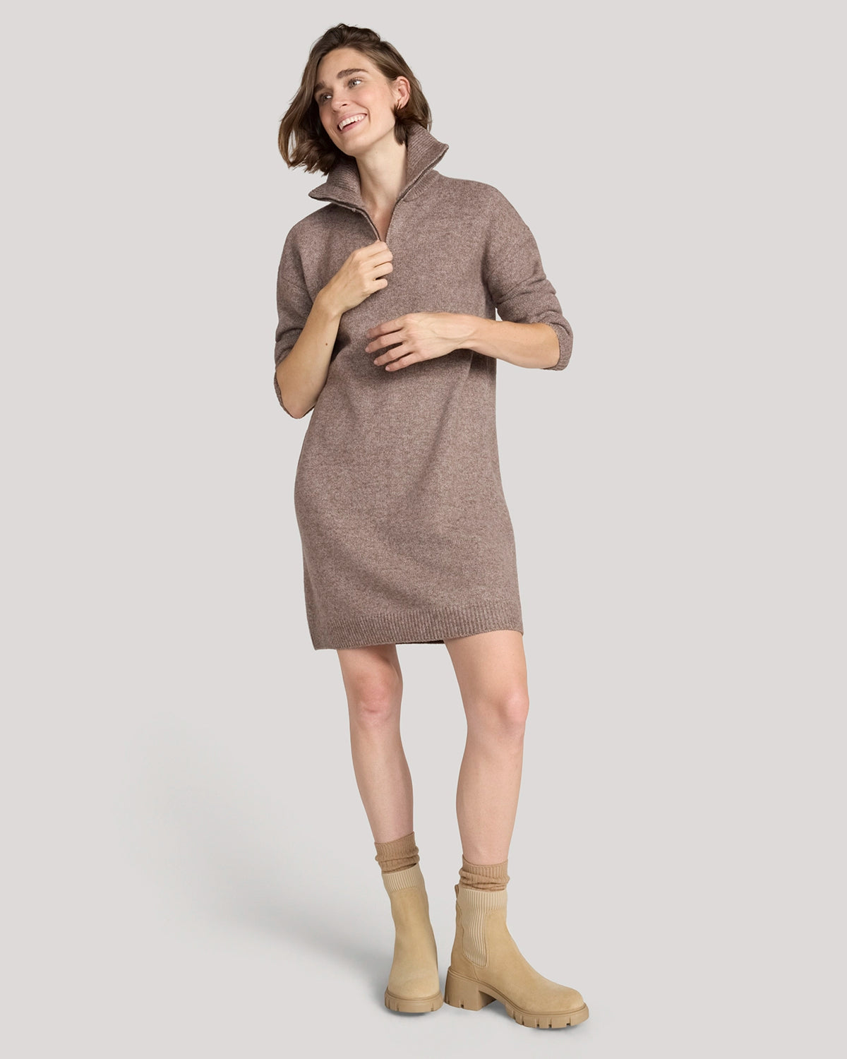 The Soft Luxe Zip Collar Sweater Dress - Htr Cocoa