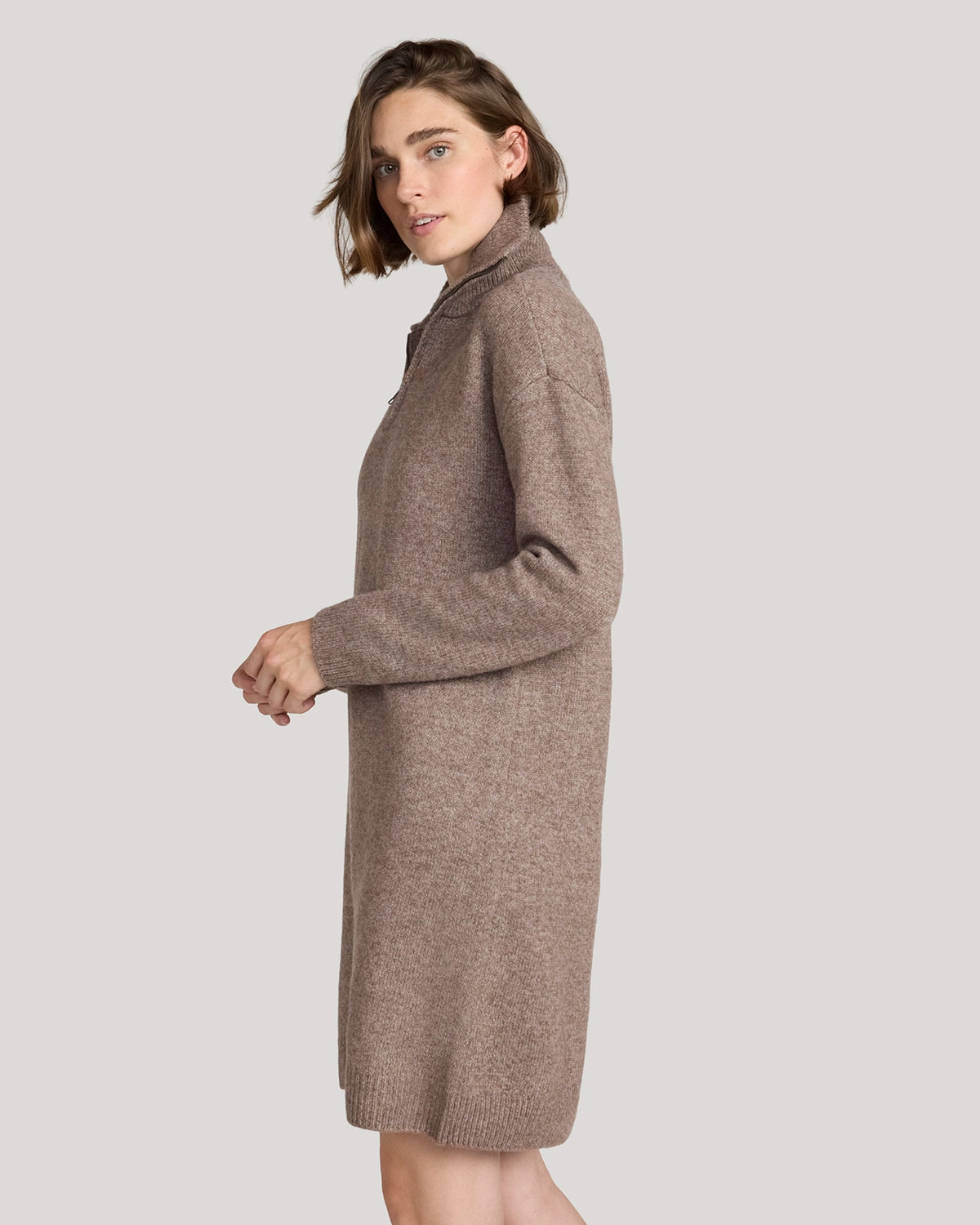 The Soft Luxe Zip Collar Sweater Dress - Htr Cocoa