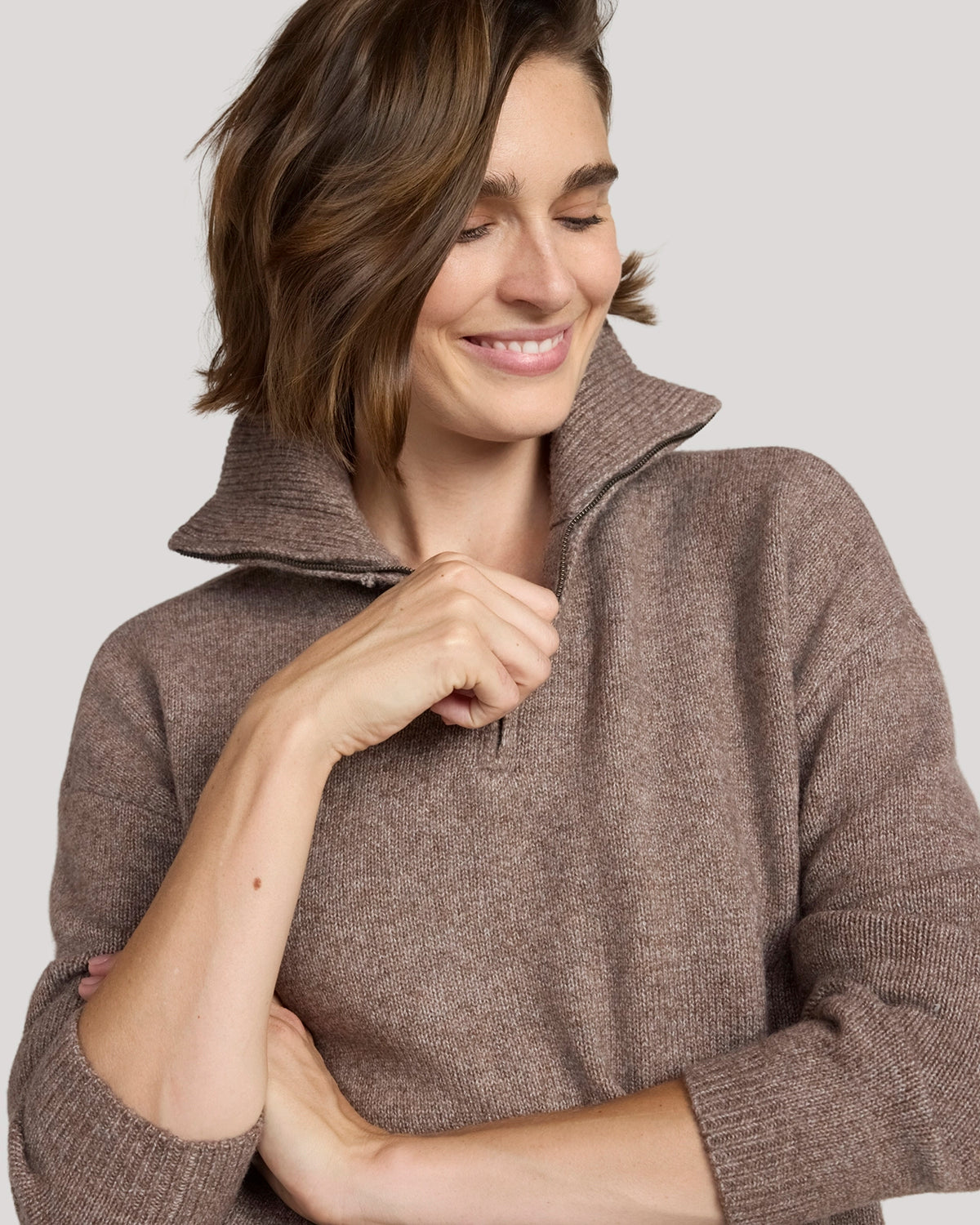 The Soft Luxe Zip Collar Sweater Dress - Htr Cocoa