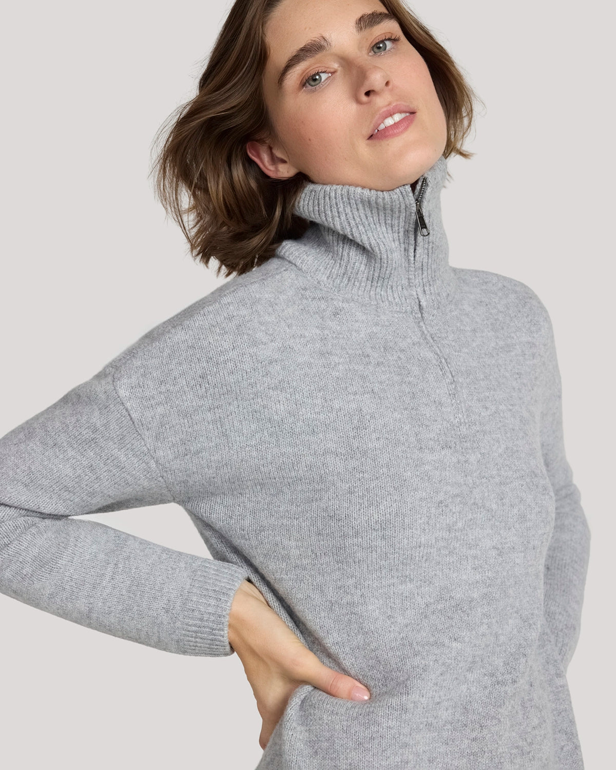 For general description, go to 'Main Product Description' region - The Soft Luxe Zip Collar Sweater Dress - Light Heather Grey