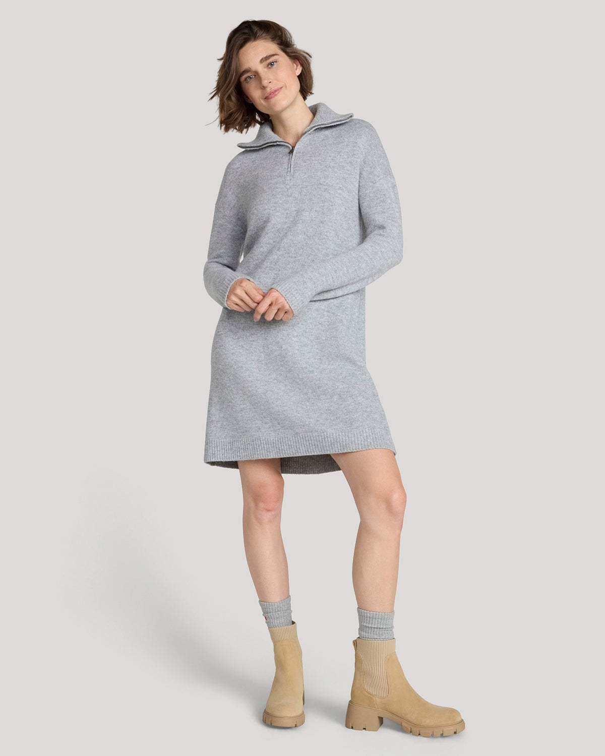 The Soft Luxe Zip Collar Sweater Dress - Light Heather Grey