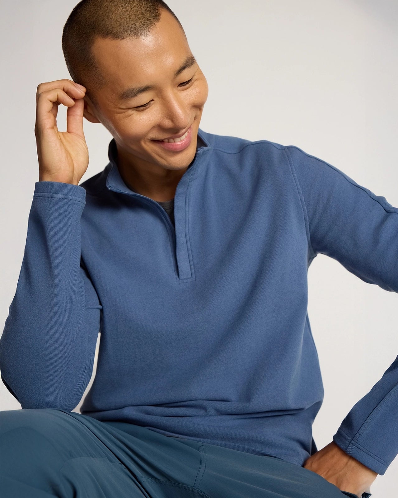 The Soft Luxe GRS Certified Recycled Polyester Velour Rib 1/4 Zip - Navy