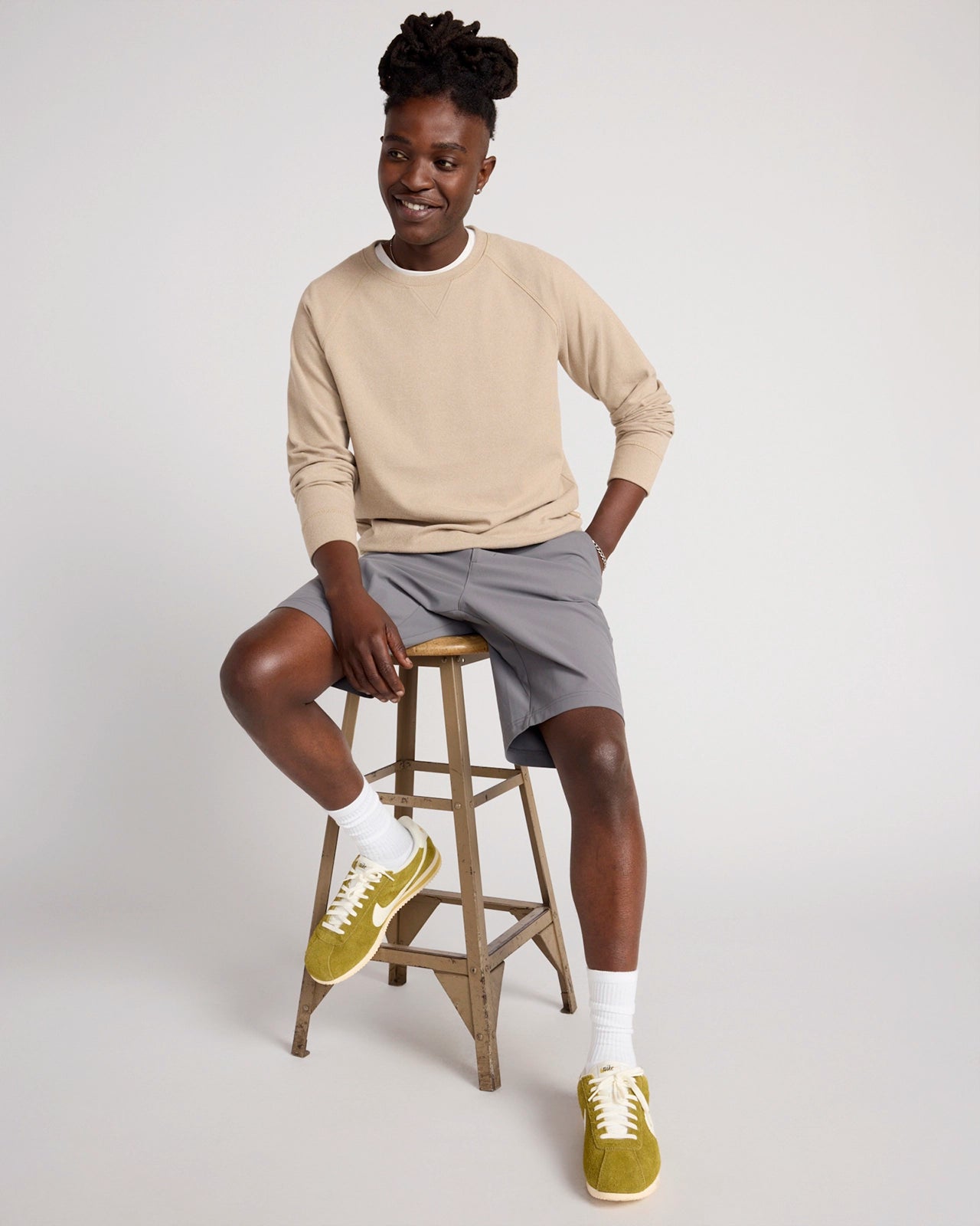 The Soft Luxe GRS Certified Recycled Poly Velour Rib Raglan Crew Sweatshirt - Beige