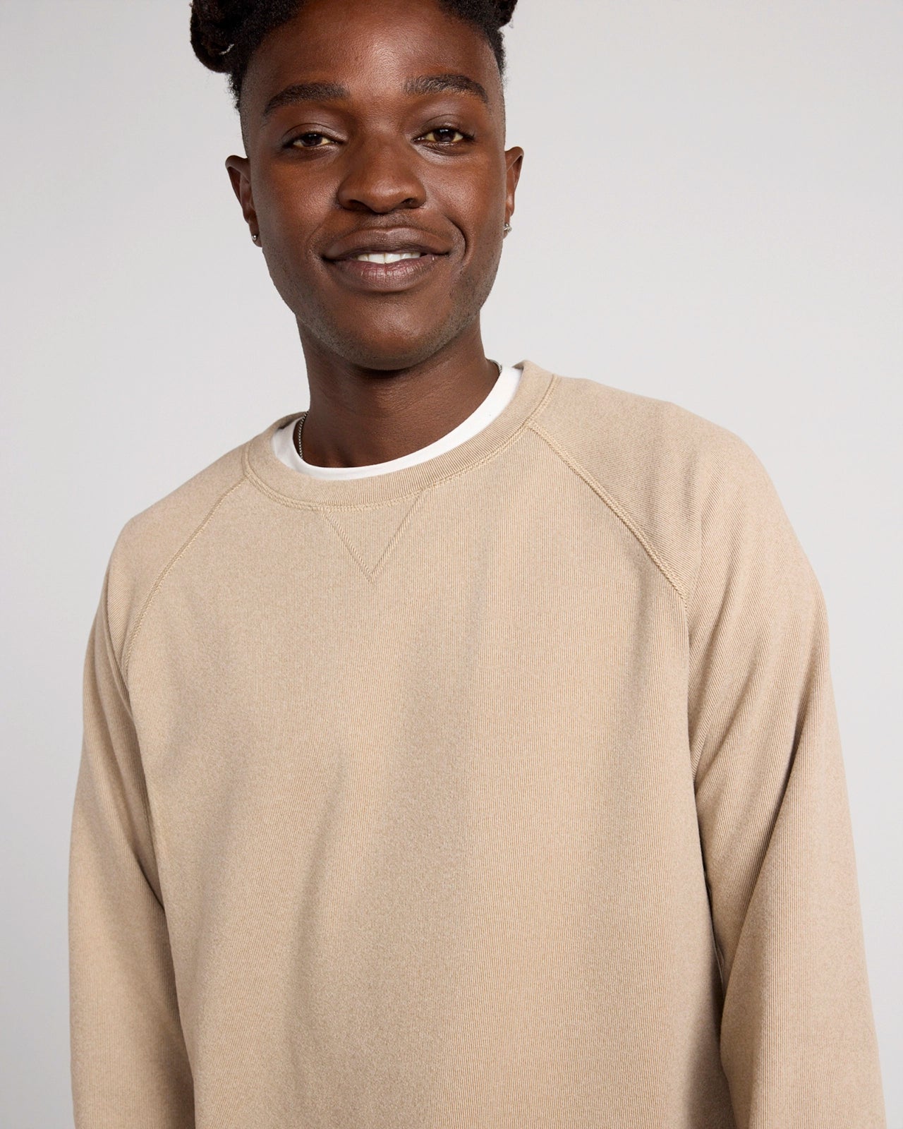 The Soft Luxe GRS Certified Recycled Poly Velour Rib Raglan Crew Sweatshirt - Beige